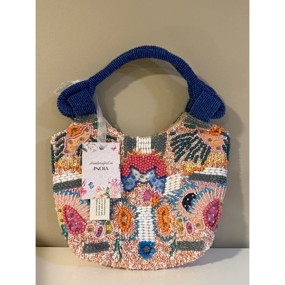 Handcrafted in India‎ Beaded Bag Vibrant Colorful Flower Design bag NWT